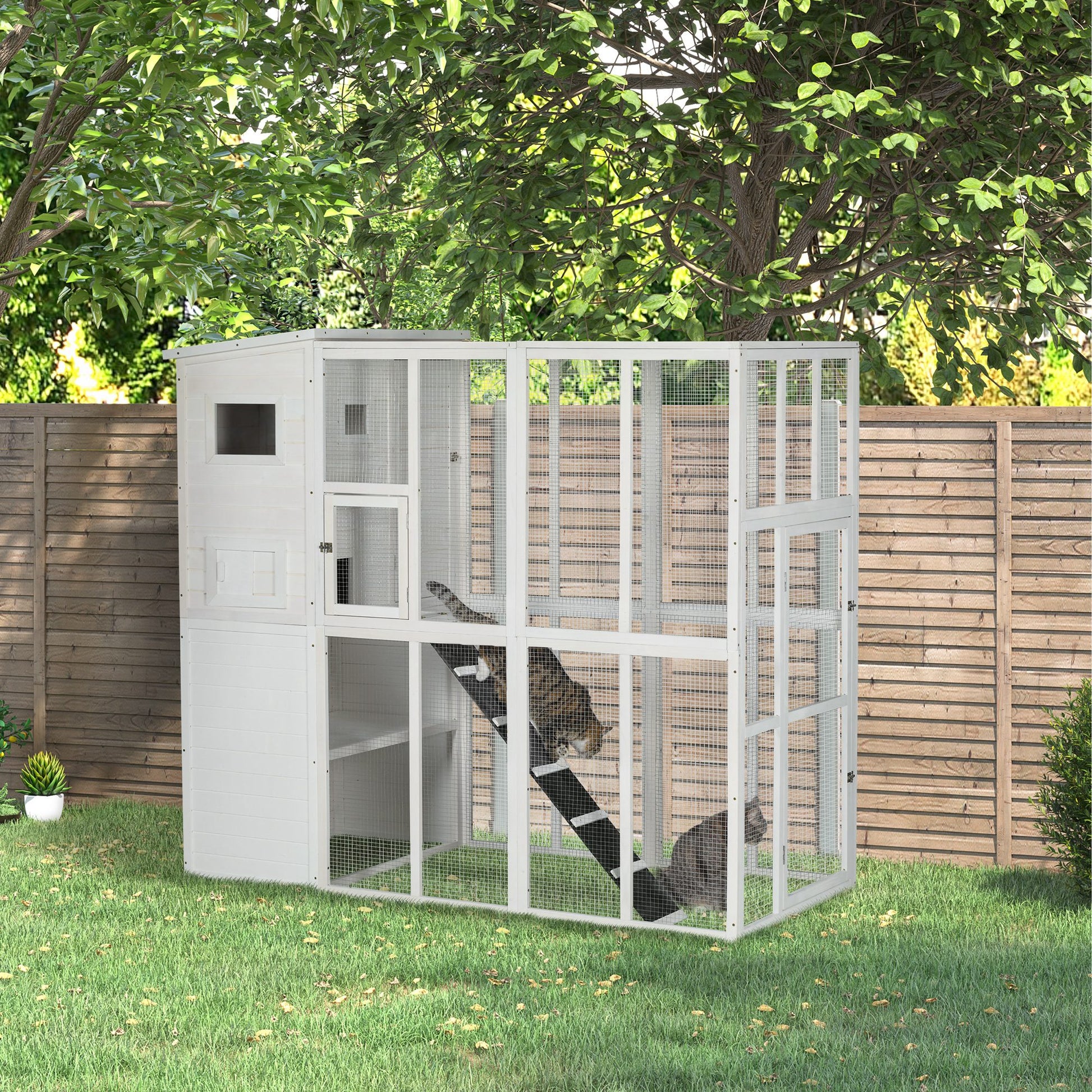 68.7" H Cat Cage Large Wooden Outdoor Cat House with Large Run for Play, Catio for Lounging, and Condo Area for Sleeping, White Outdoor Cat Enclosures   at Gallery Canada