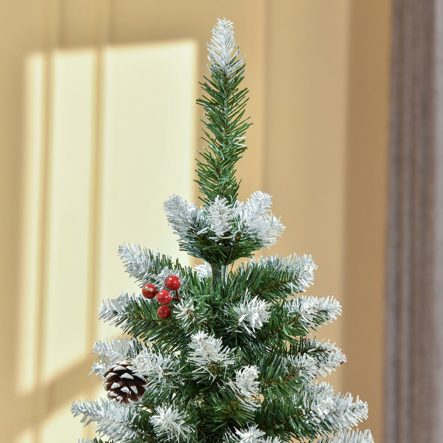 5ft Decorated Christmas Tree with Red Berries and Pine Cones, Flocked Christmas Tree with Pencil Shape, Green Pencil Christmas Trees   at Gallery Canada