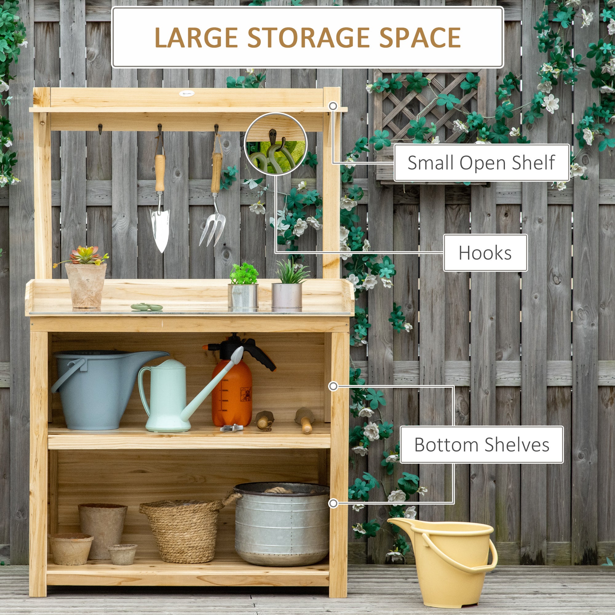 Potting Bench Table, Wooden Garden Workstation Bench with Galvanized Metal Tabletop, Storage Shelves and Hooks for Patios, Courtyards, Balcony Potting Benches & Tables at Gallery Canada