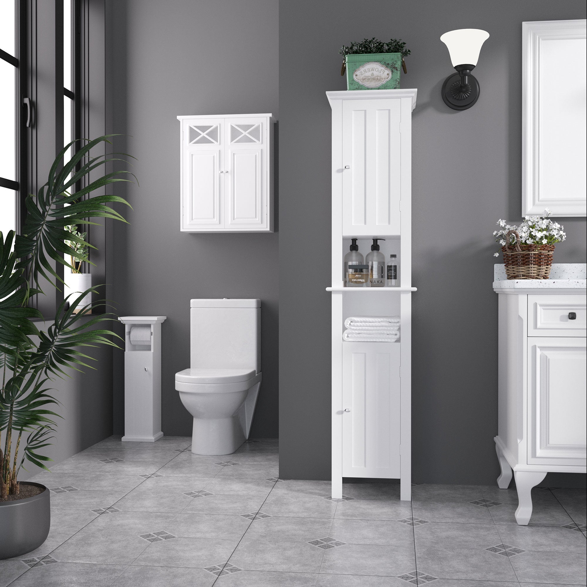 Bathroom Cabinet, Freestanding Linen Cabinet with Open Shelves and Cupboards, 13.8