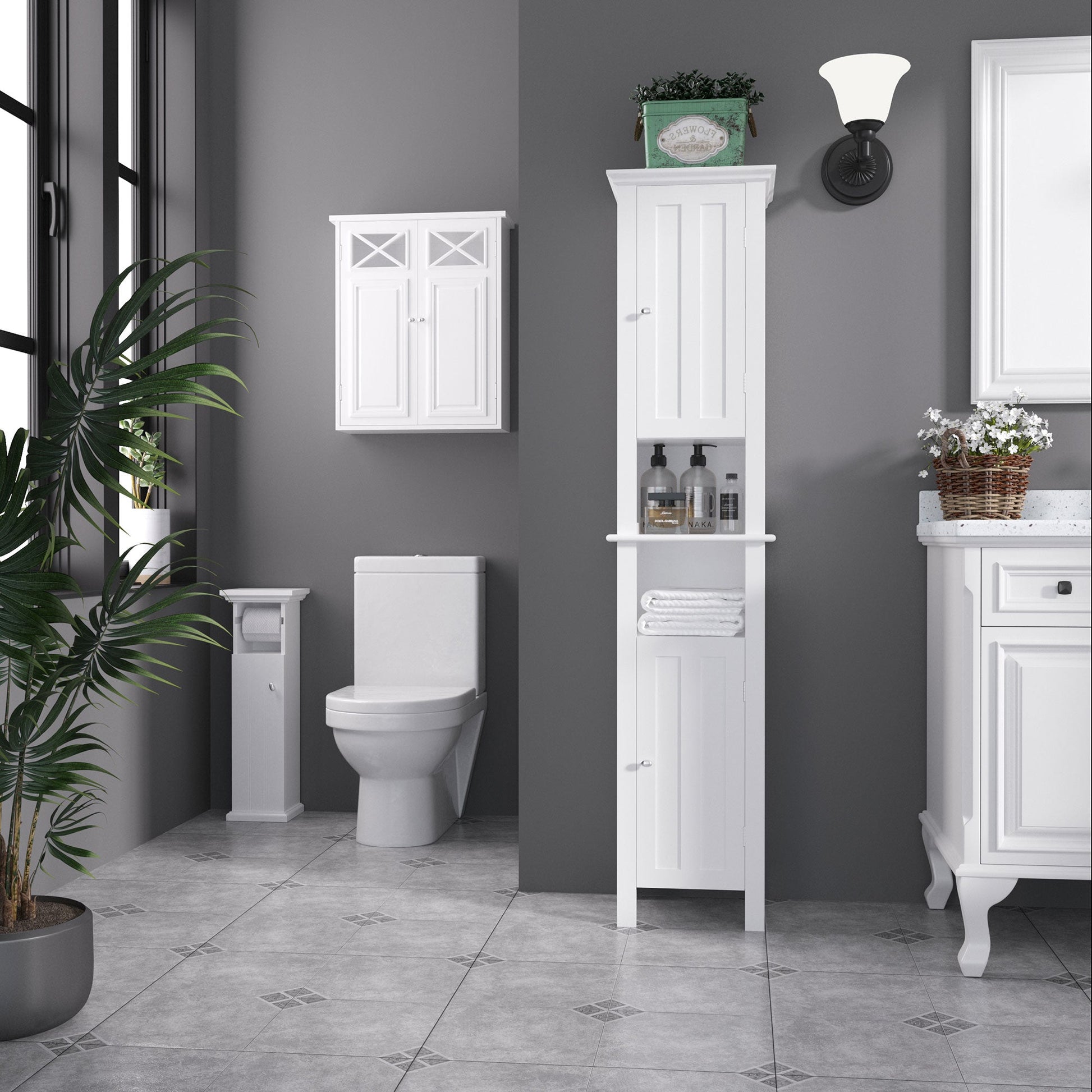 Bathroom Cabinet, Freestanding Linen Cabinet with Open Shelves and Cupboards, 13.8" x 11.8" x 62.4", White Bathroom Cabinets   at Gallery Canada