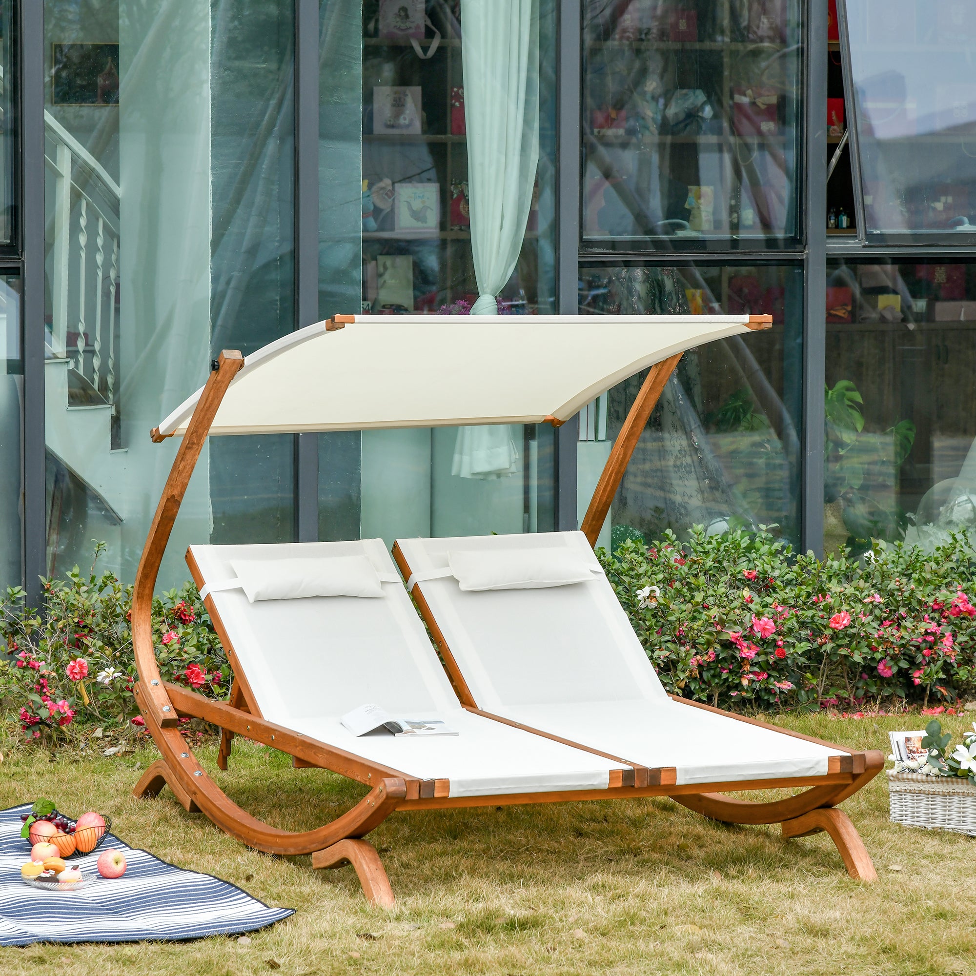 Adjustable Wooden Double Chaise Lounge with Canopy and Pillows for Patio, Beige Lounger Chairs Multi Colour  at Gallery Canada