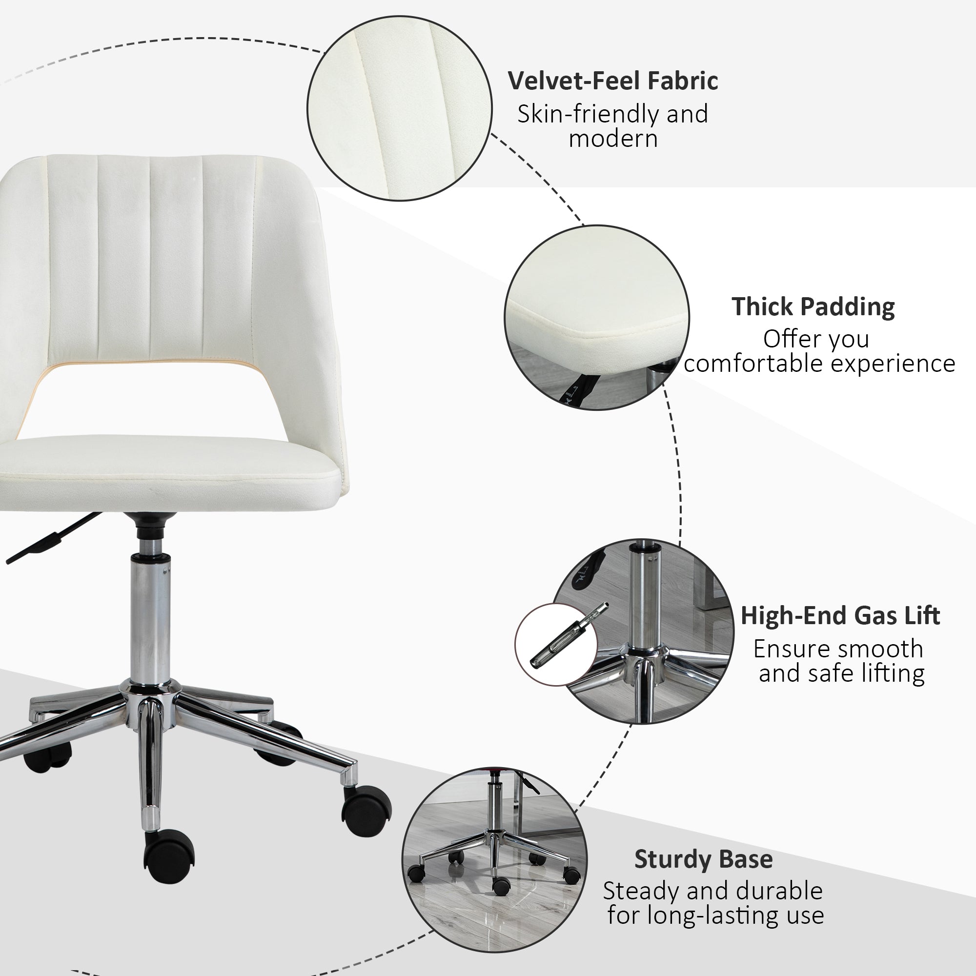 Mid Back Office Chair Velvet Fabric Swivel Scallop Shape Computer Desk Chair, Cream White Office Chairs at Gallery Canada