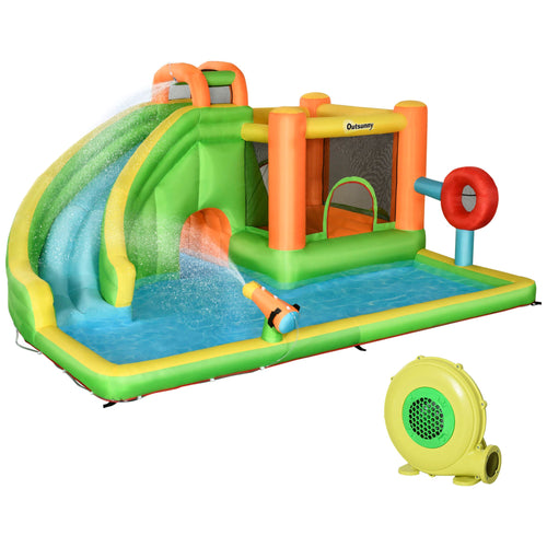 8-in-1 Inflatable Water Slide Bounce House with Pool, Trampoline, 750W Blower, Multi-Color