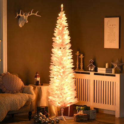 7' Pre Lit Artificial Pencil Christmas Trees, Xmas Tree with Realistic Branches and Warm White LED Lights, Pink Pencil Christmas Trees   at Gallery Canada