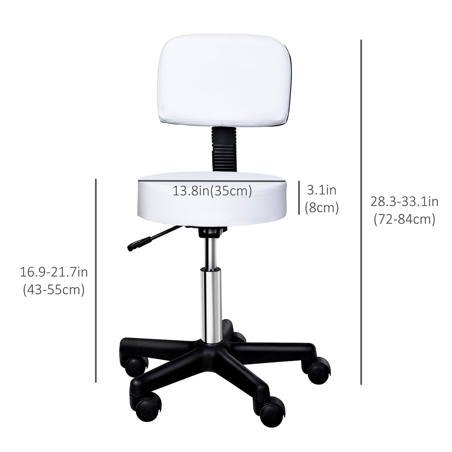 Adjustable Rolling Stool with Back, PU Leather Round Swivel Drafting Stool with Wheels for Kitchen, Salon Spa, Bar, Home Office, Massage, White Salon Stools White  at Gallery Canada