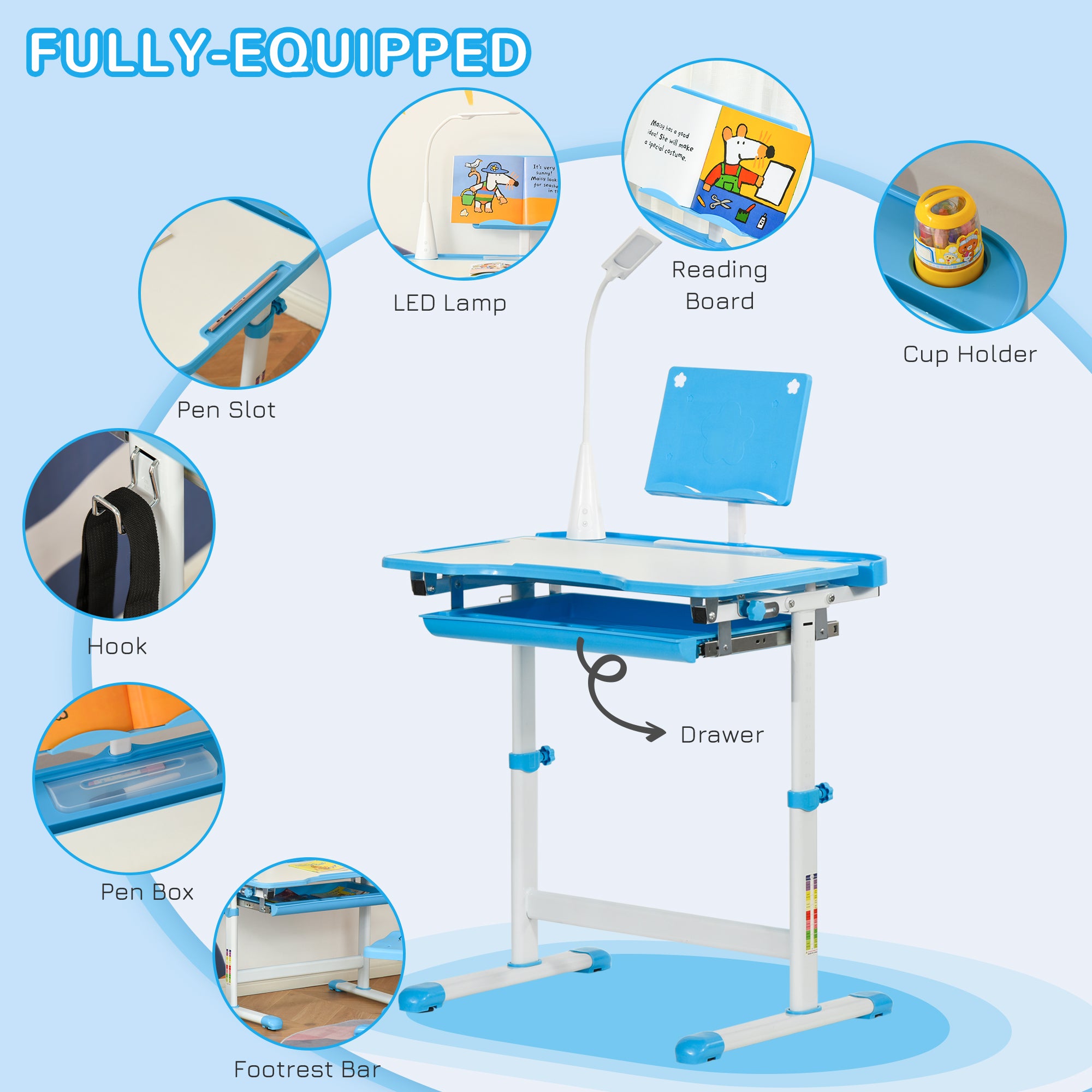 Kids Desk and Chair Set Height Adjustable Student Writing Desk Children School Study Table with Tilt Desktop, Blue Kids Desk Sets at Gallery Canada