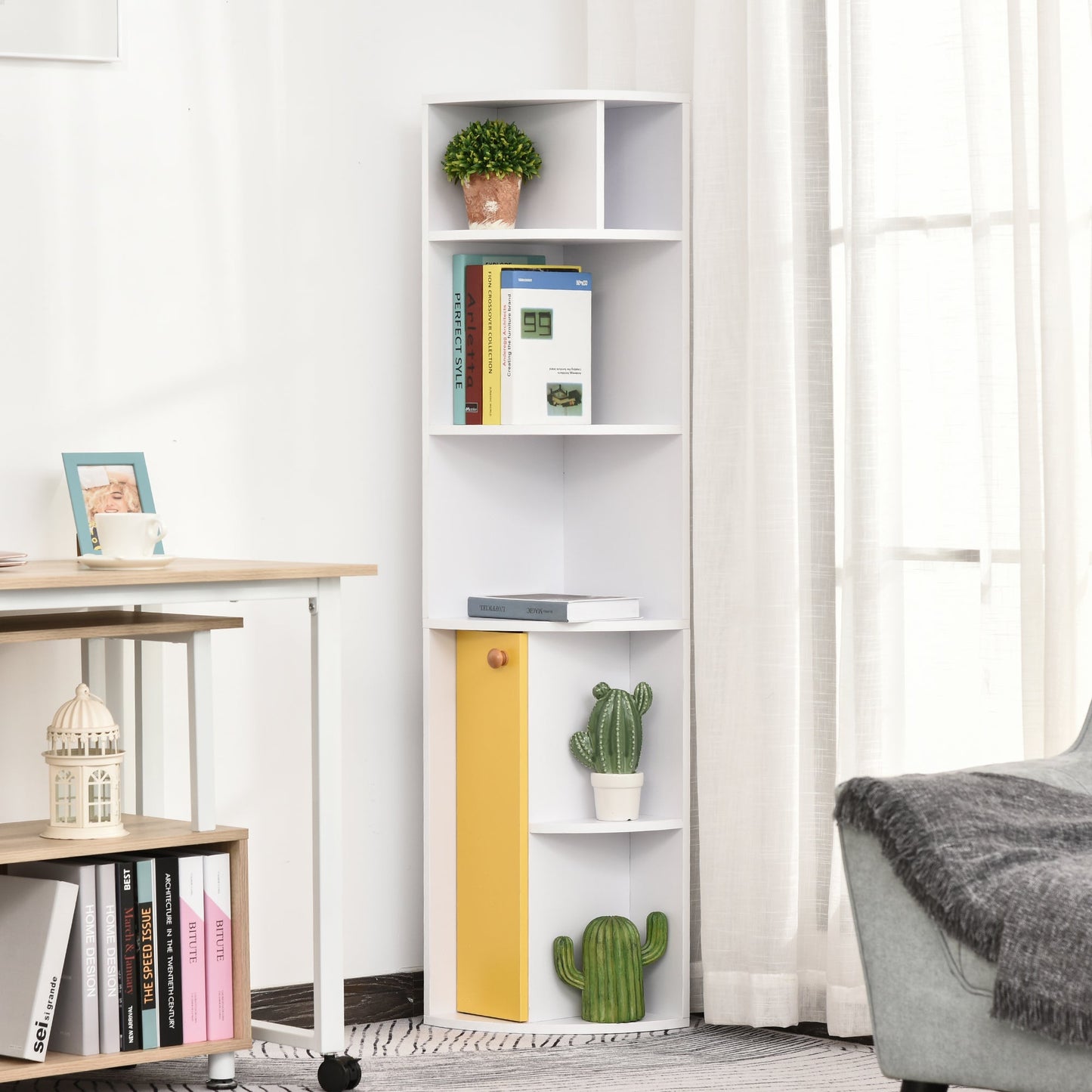 5-Tier Corner Bookcase, Bookshelf, Freestanding Shelf Unit with Storage Compartments and Door Cabinet, White White Bookshelves   at Gallery Canada