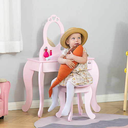 Kids Vanity Table Set with Mirror and Stool, Drawer, for 3-6 Years, Pink