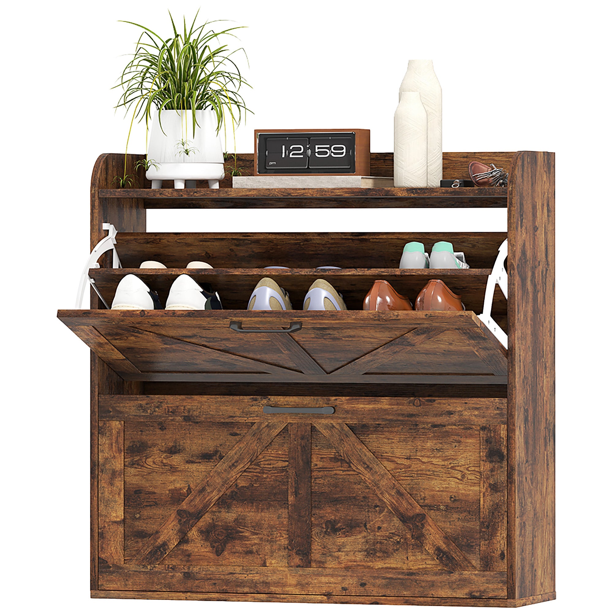 Narrow Shoe Storage Cabinet, Farmhouse Slim Shoe Cabinet with 2 Flip Drawers, Adjustable Shelves, Rustic Brown Shoe Storage Cabinets & Racks at Gallery Canada