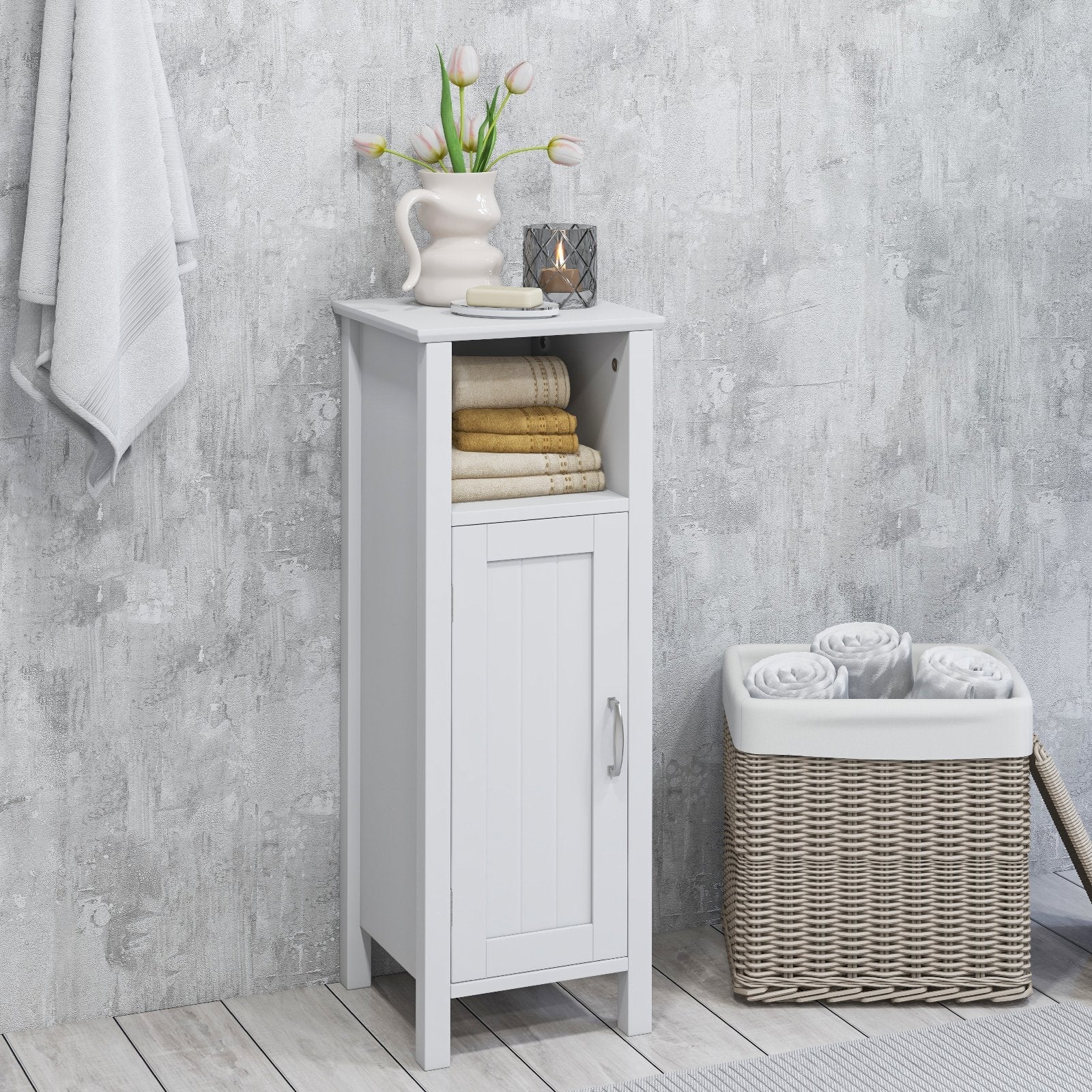 1-Door Freestanding Bathroom Cabinet with Open Shelf, White Floor Cabinets   at Gallery Canada