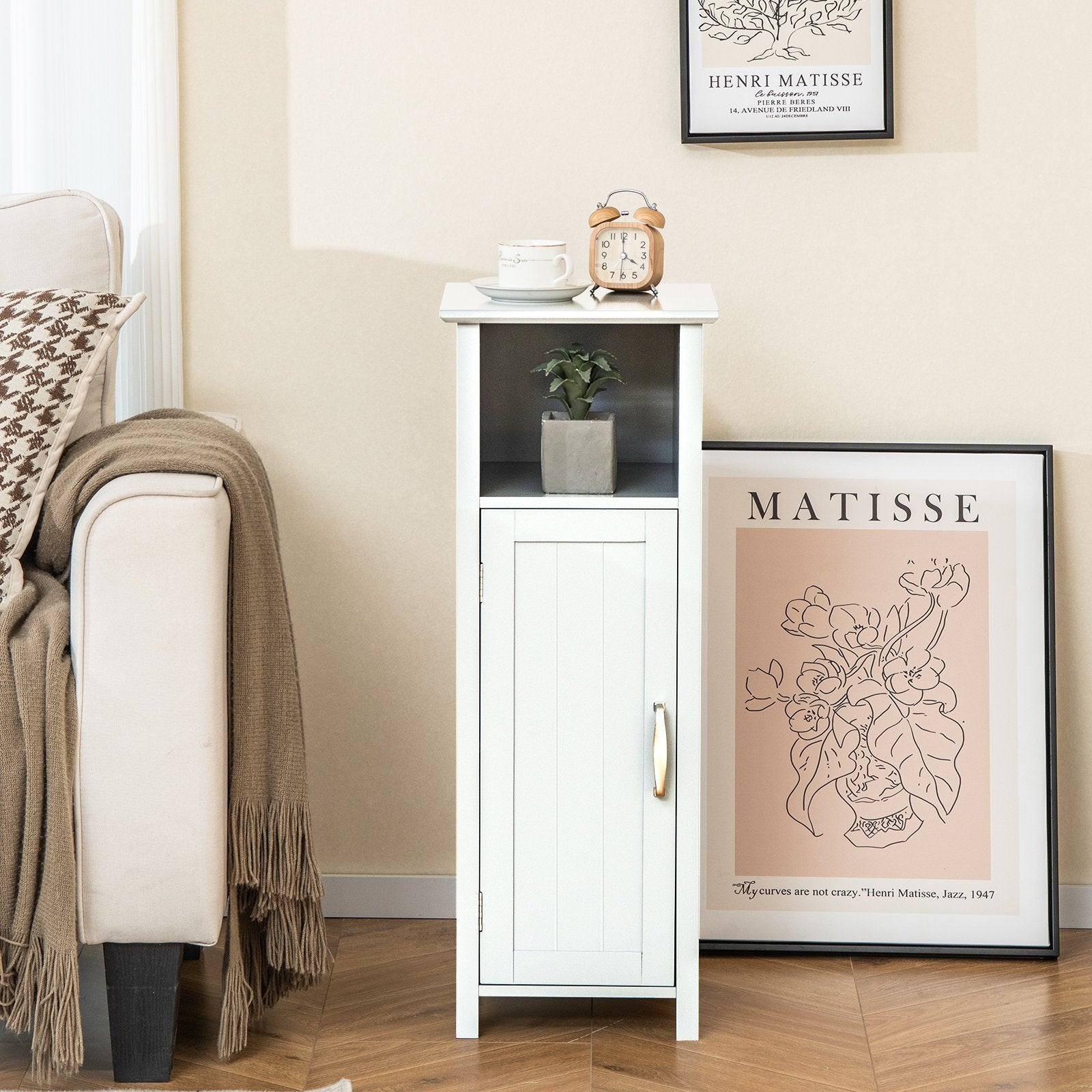 1-Door Freestanding Bathroom Cabinet with Open Shelf, White Floor Cabinets   at Gallery Canada