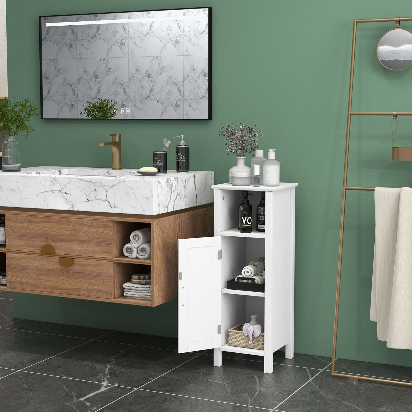 1-Door Freestanding Bathroom Cabinet with Open Shelf, White Floor Cabinets   at Gallery Canada