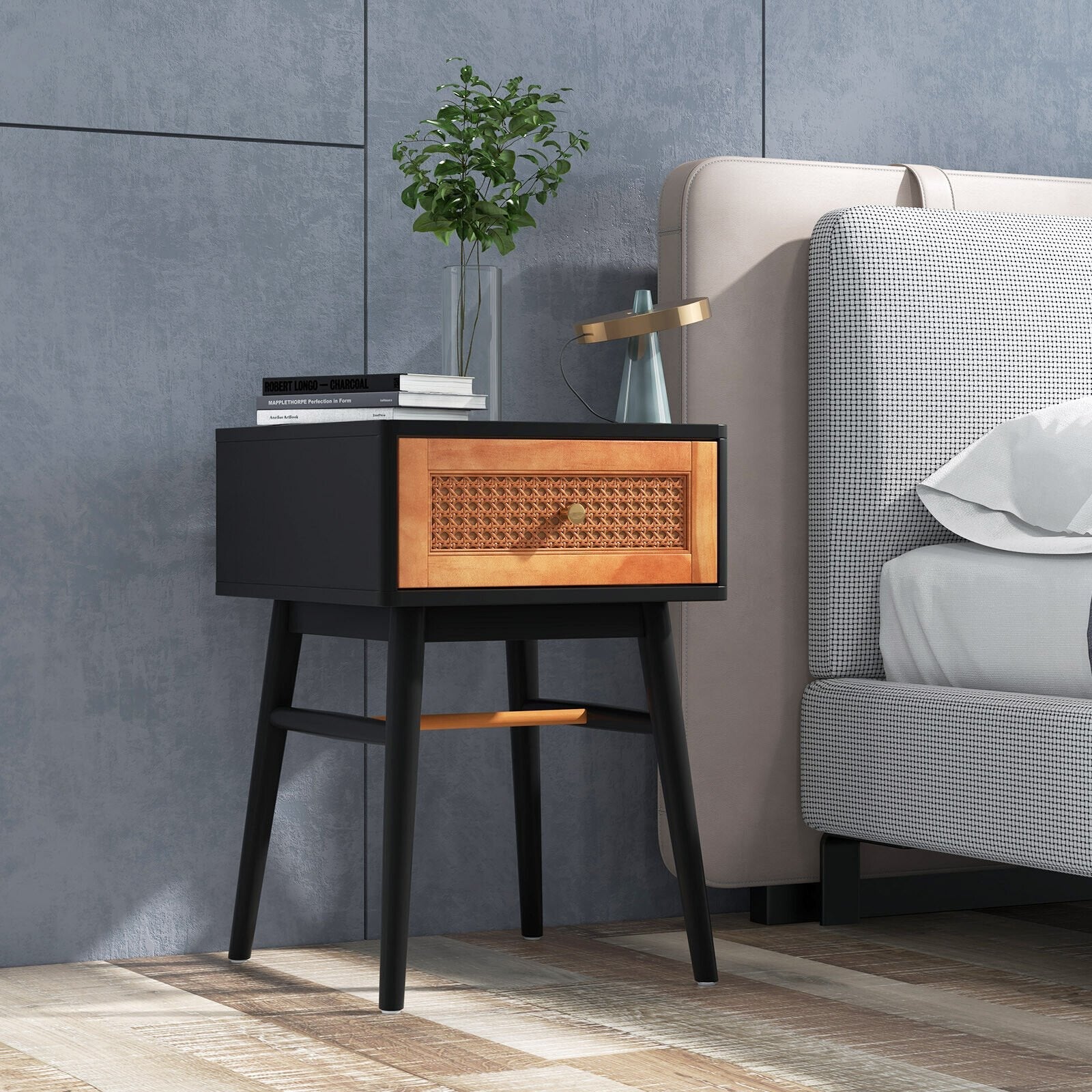 1-Drawer Modern Bedside Table with Solid Wood Legs, Black Nightstands   at Gallery Canada