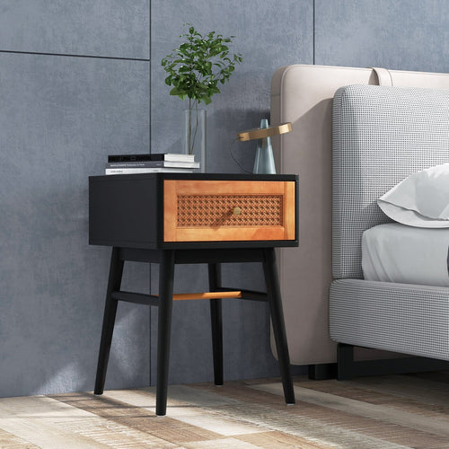 1-Drawer Modern Bedside Table with Solid Wood Legs, Black