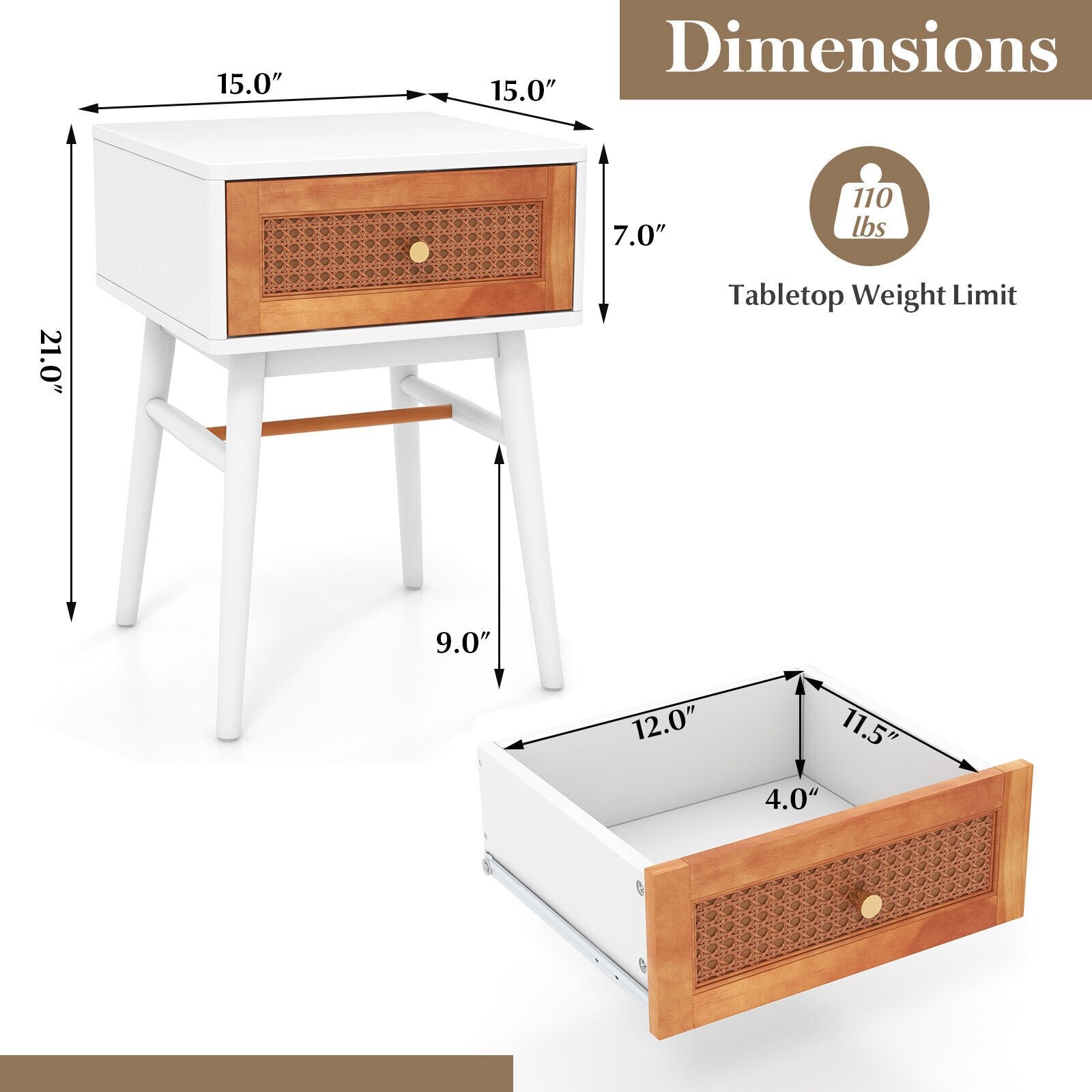 1-Drawer Modern Bedside Table with Solid Wood Legs, White Nightstands   at Gallery Canada