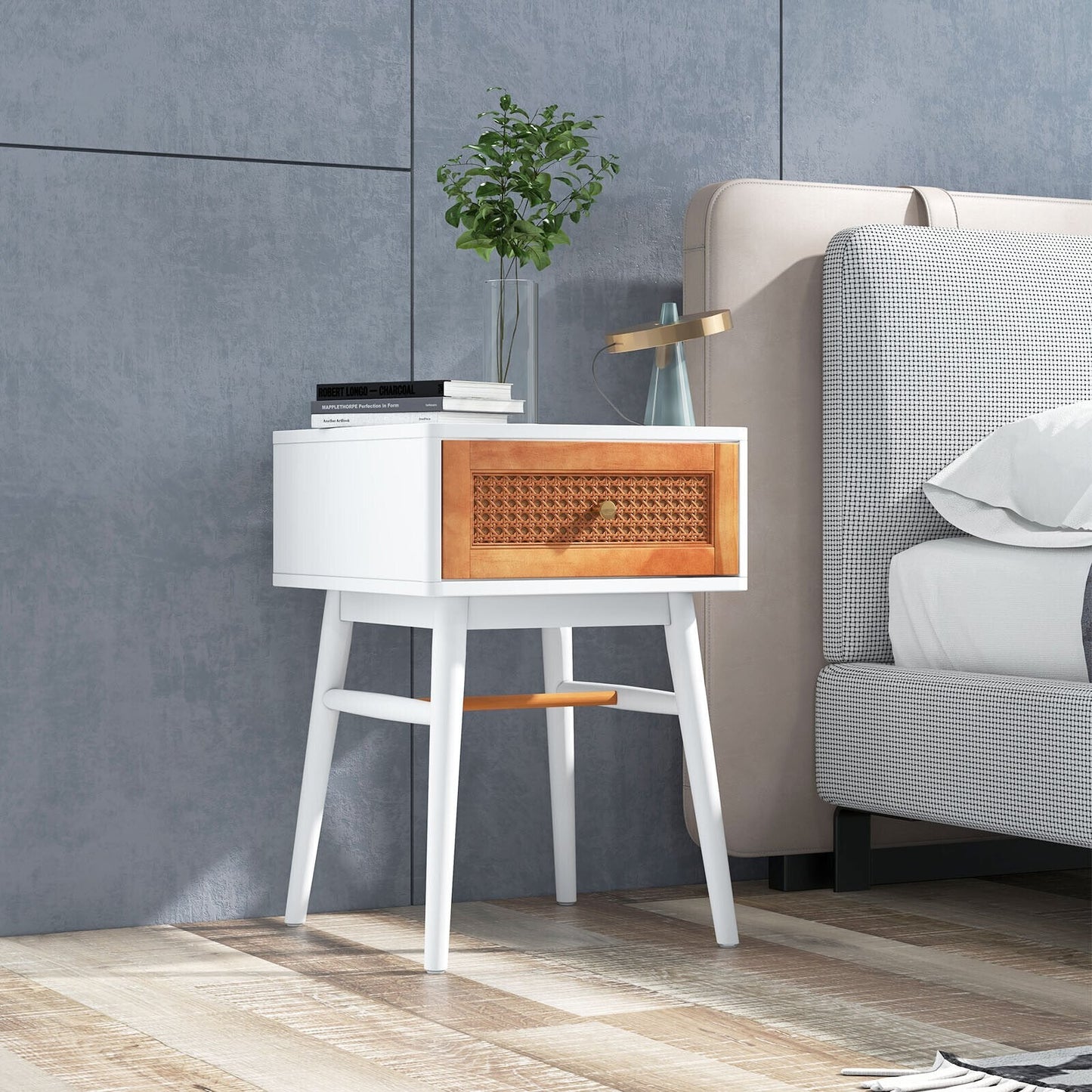 1-Drawer Modern Bedside Table with Solid Wood Legs, White Nightstands   at Gallery Canada