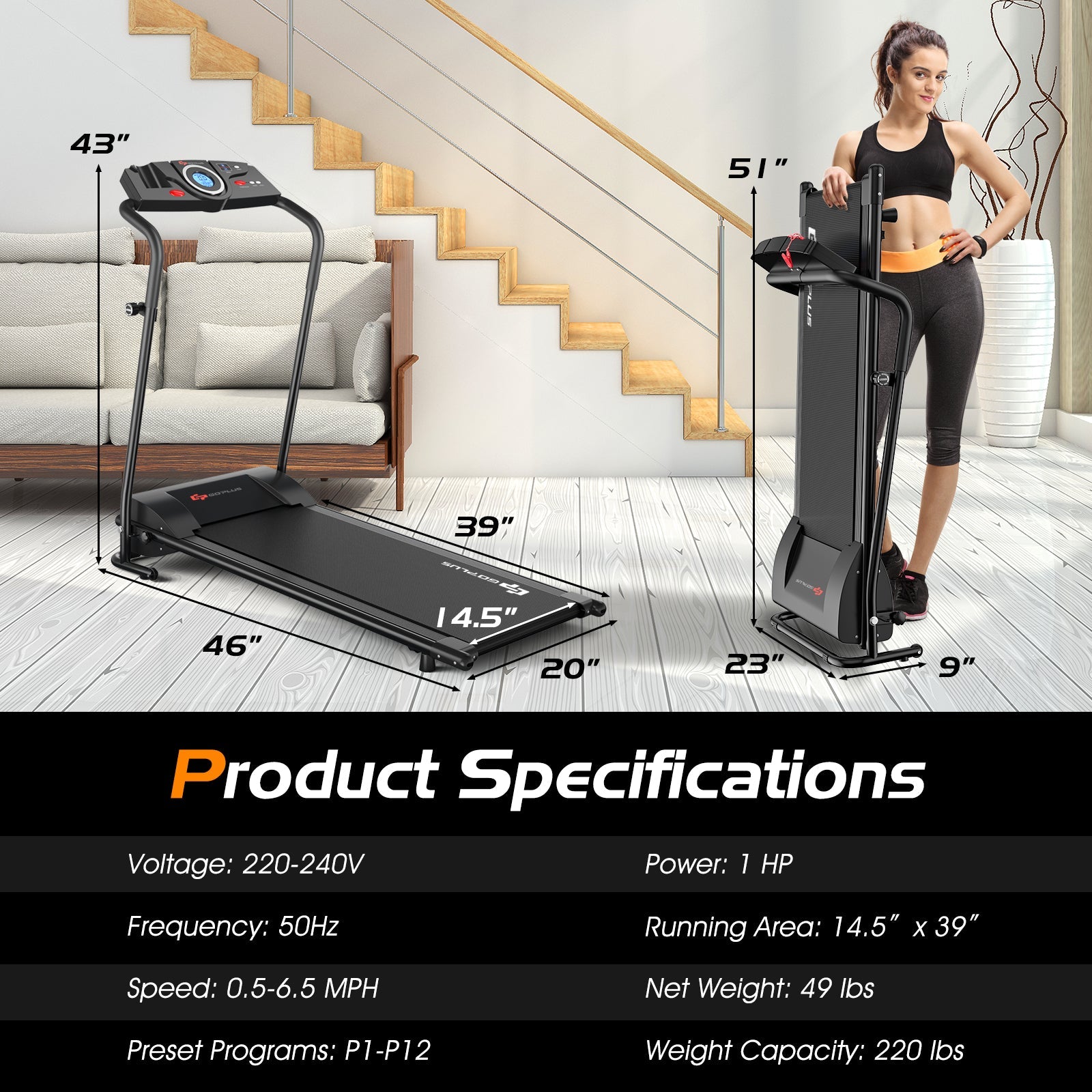 1 HP Electric Mobile Power Foldable Treadmill with Operation Display Treadmills   at Gallery Canada