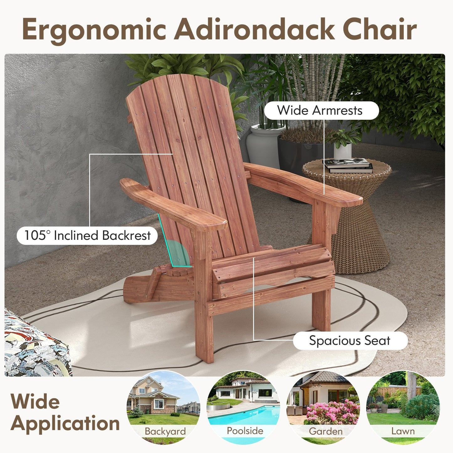 1 Piece Folding Adirondack Chair with High Backrest and Wide Armrests, Brown Adirondack Chairs   at Gallery Canada