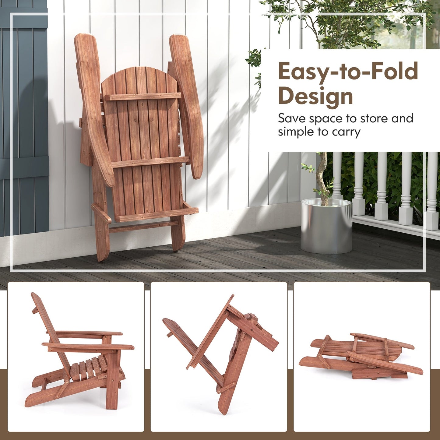 1 Piece Folding Adirondack Chair with High Backrest and Wide Armrests, Brown Adirondack Chairs   at Gallery Canada