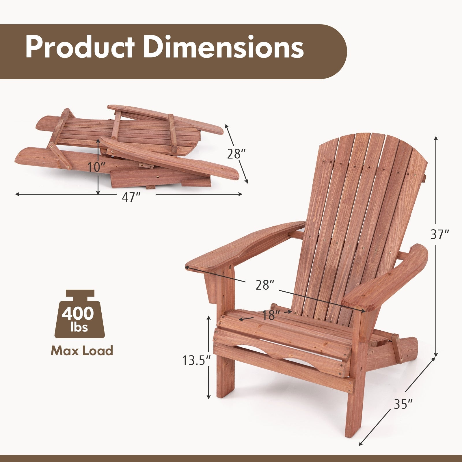 1 Piece Folding Adirondack Chair with High Backrest and Wide Armrests, Brown Adirondack Chairs   at Gallery Canada