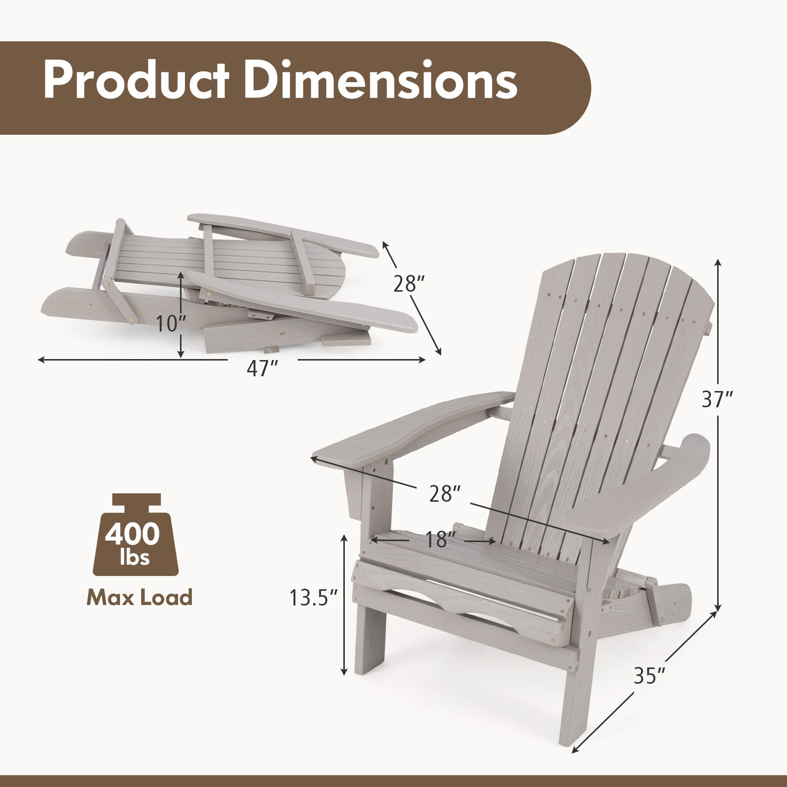 1 Piece Folding Adirondack Chair with High Backrest and Wide Armrests, Gray Adirondack Chairs   at Gallery Canada