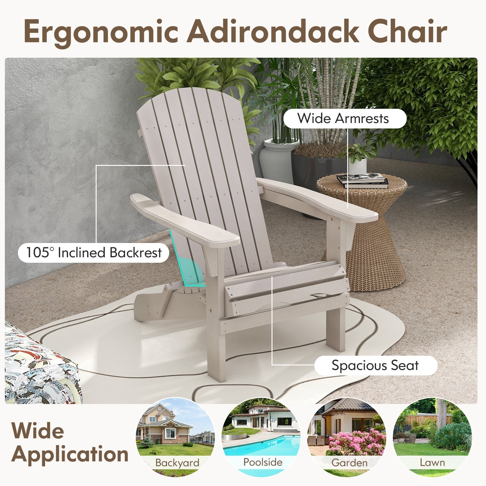 1 Piece Folding Adirondack Chair with High Backrest and Wide Armrests, Gray Adirondack Chairs   at Gallery Canada