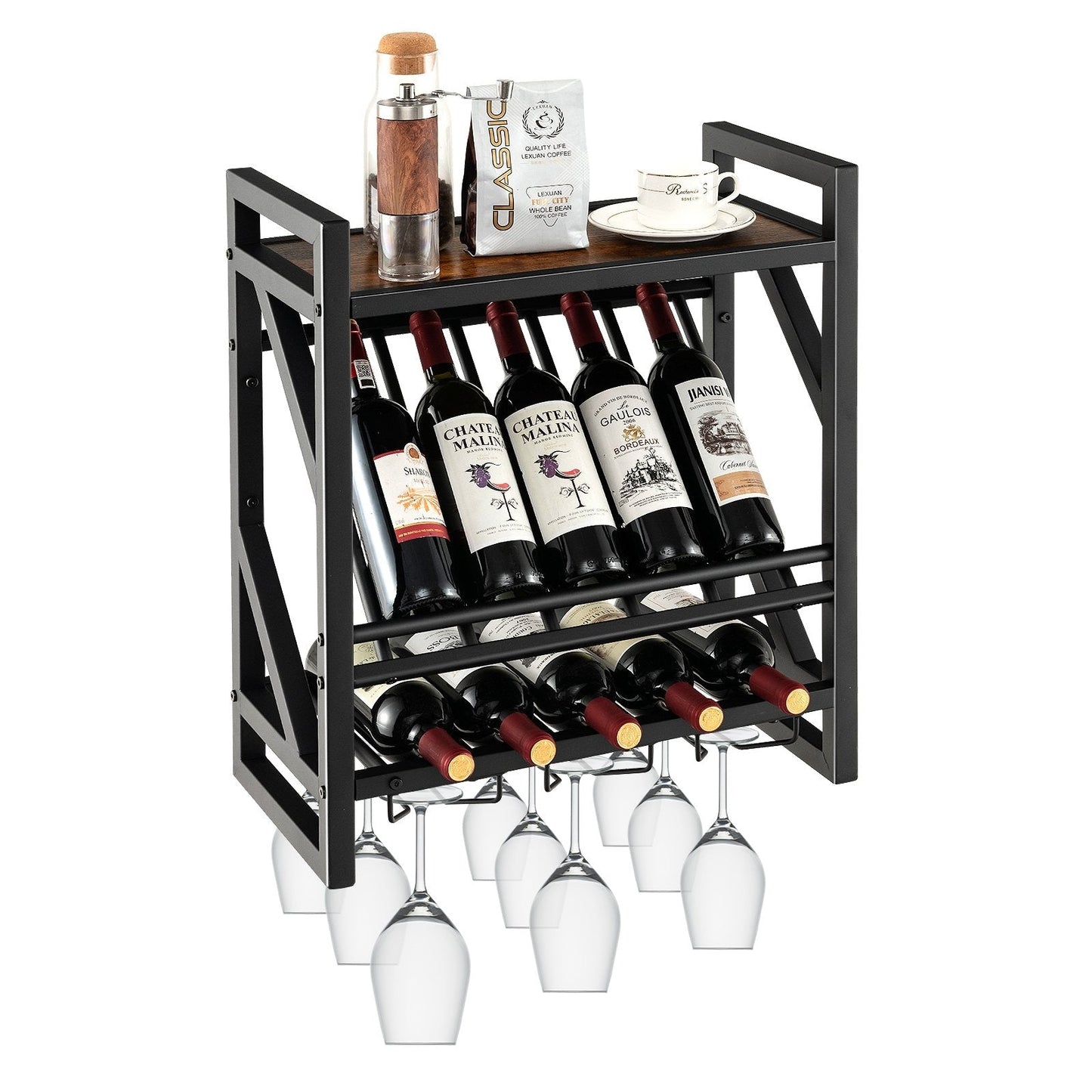 10 Bottles Wall Mounted Wine Rack with Glass Holder, Black Wine Racks   at Gallery Canada