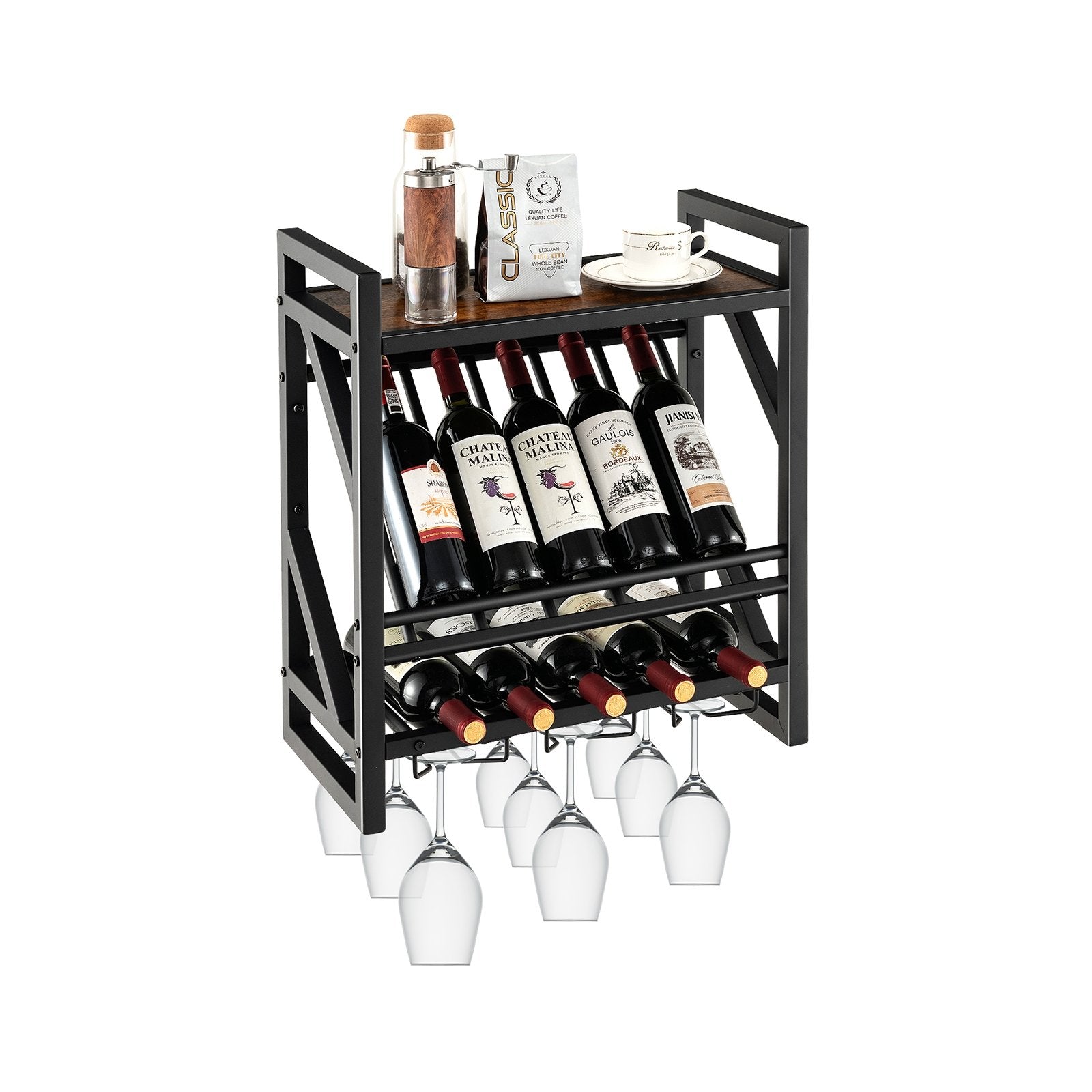 10 Bottles Wall Mounted Wine Rack with Glass Holder, Black Wine Racks   at Gallery Canada