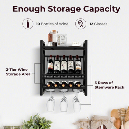 10 Bottles Wall Mounted Wine Rack with Glass Holder, Black Wine Racks   at Gallery Canada