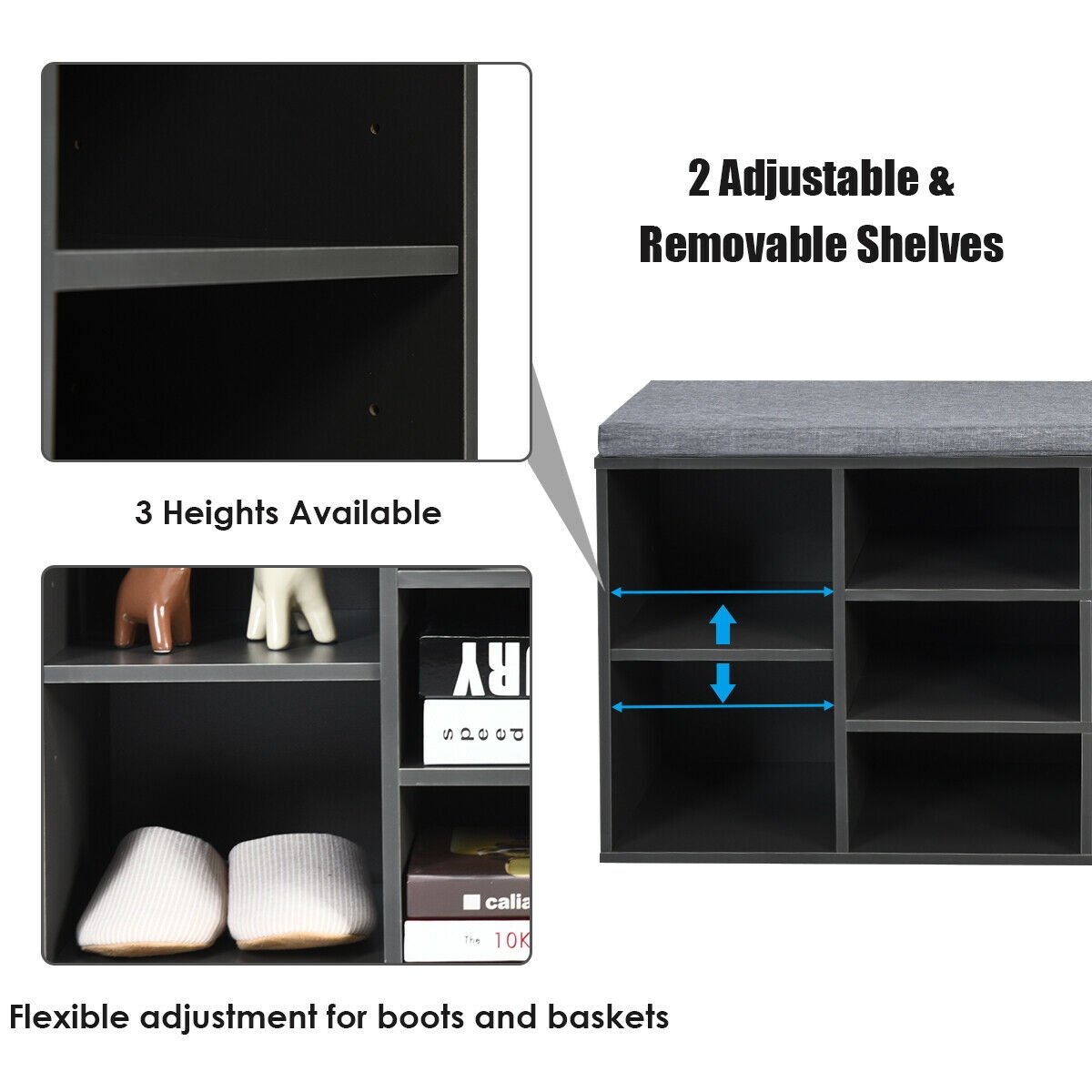 10-Cube Organizer  Entryway Padded Shoe Storage Bench, Gray Shoe Racks & Storage Benches   at Gallery Canada