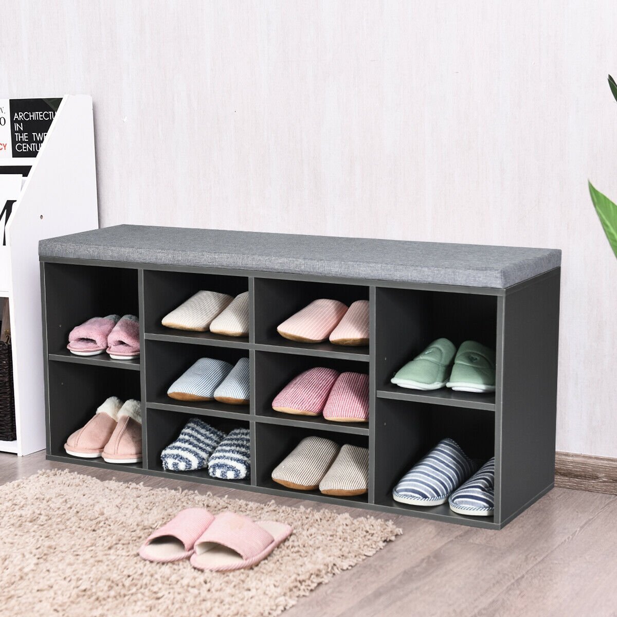 10-Cube Organizer  Entryway Padded Shoe Storage Bench, Gray Shoe Racks & Storage Benches   at Gallery Canada