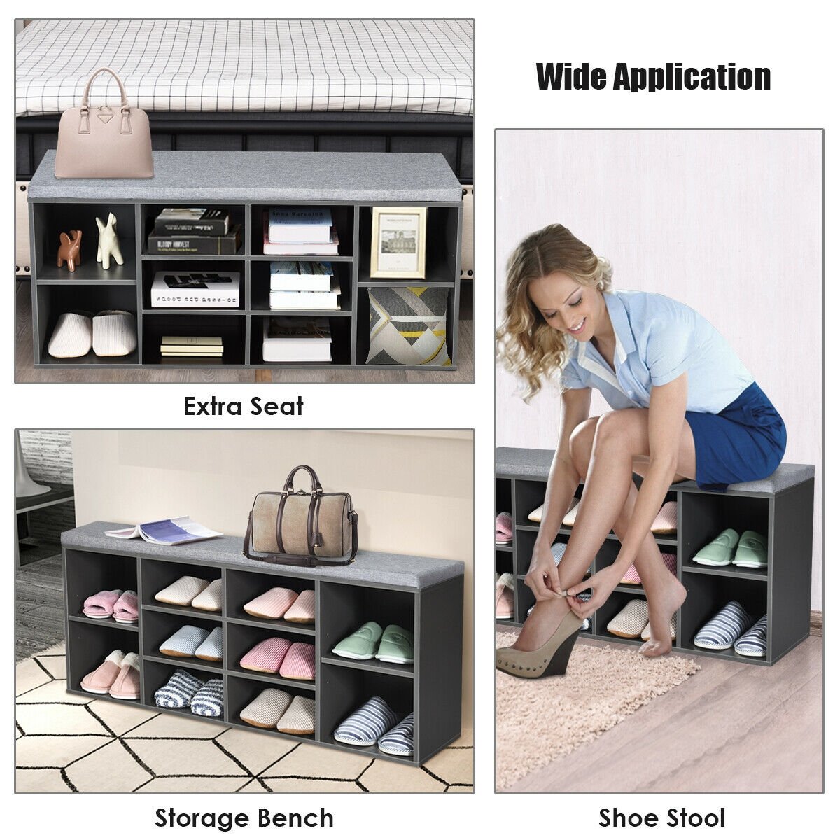 10-Cube Organizer  Entryway Padded Shoe Storage Bench, Gray Shoe Racks & Storage Benches   at Gallery Canada