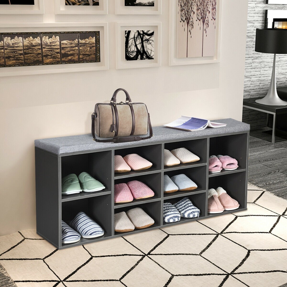 10-Cube Organizer  Entryway Padded Shoe Storage Bench, Gray Shoe Racks & Storage Benches   at Gallery Canada