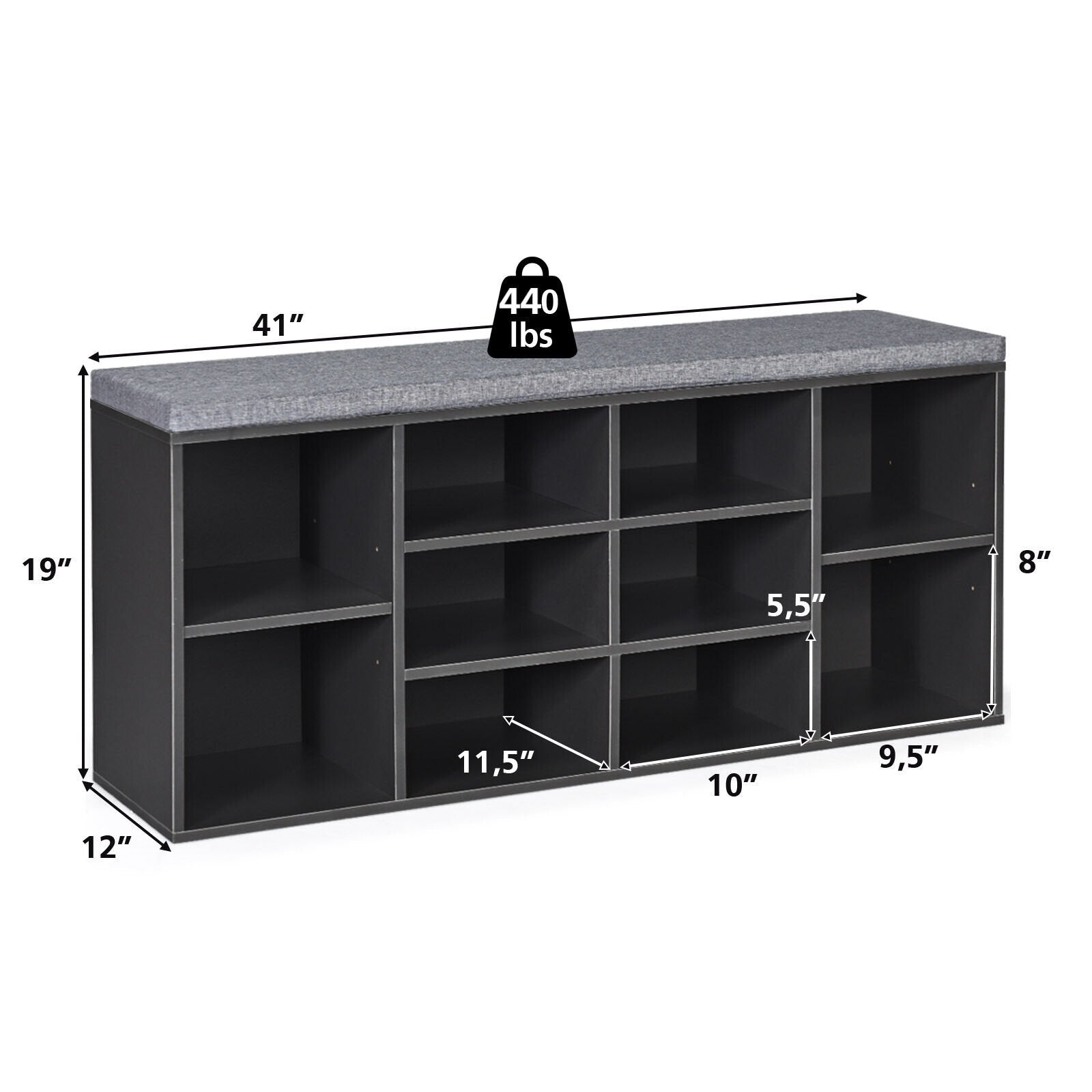 10-Cube Organizer  Entryway Padded Shoe Storage Bench, Gray Shoe Racks & Storage Benches   at Gallery Canada