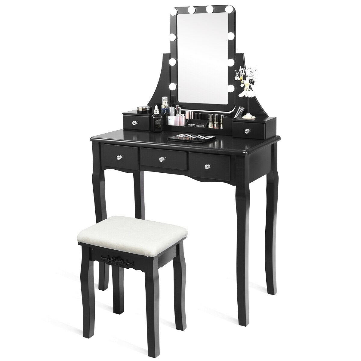 10 Dimmable Light Bulbs Vanity Dressing Table with 2 Dividers and Cushioned Stool, Black Makeup Vanities   at Gallery Canada