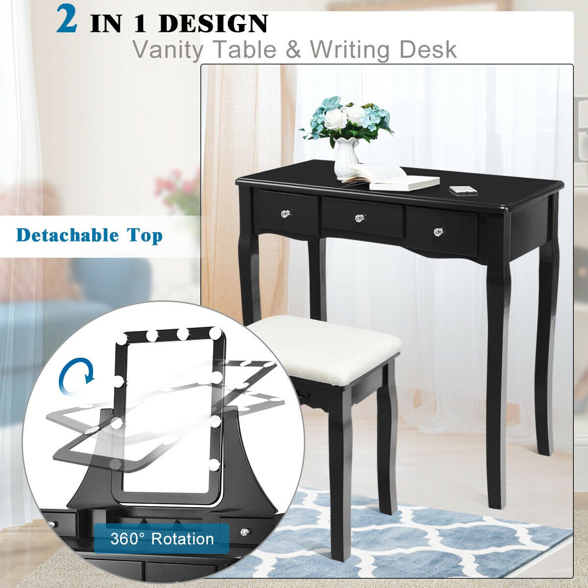 10 Dimmable Light Bulbs Vanity Dressing Table with 2 Dividers and Cushioned Stool, Black Makeup Vanities   at Gallery Canada