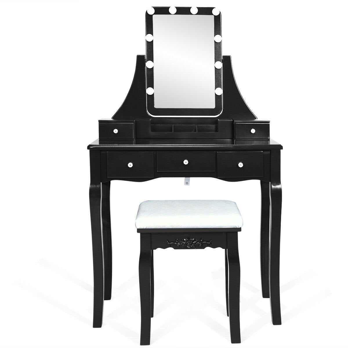 10 Dimmable Light Bulbs Vanity Dressing Table with 2 Dividers and Cushioned Stool, Black Makeup Vanities   at Gallery Canada