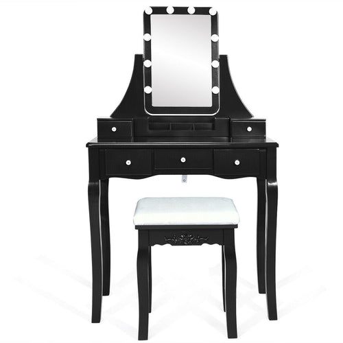 10 Dimmable Light Bulbs Vanity Dressing Table with 2 Dividers and Cushioned Stool, Black