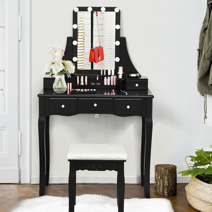 10 Dimmable Light Bulbs Vanity Dressing Table with 2 Dividers and Cushioned Stool, Black Makeup Vanities   at Gallery Canada