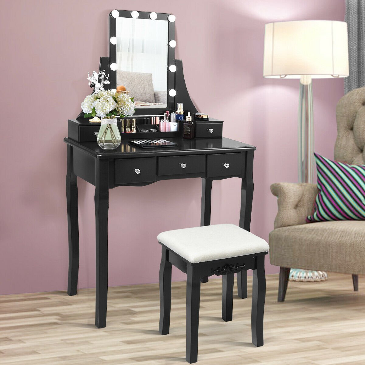 10 Dimmable Light Bulbs Vanity Dressing Table with 2 Dividers and Cushioned Stool, Black Makeup Vanities   at Gallery Canada