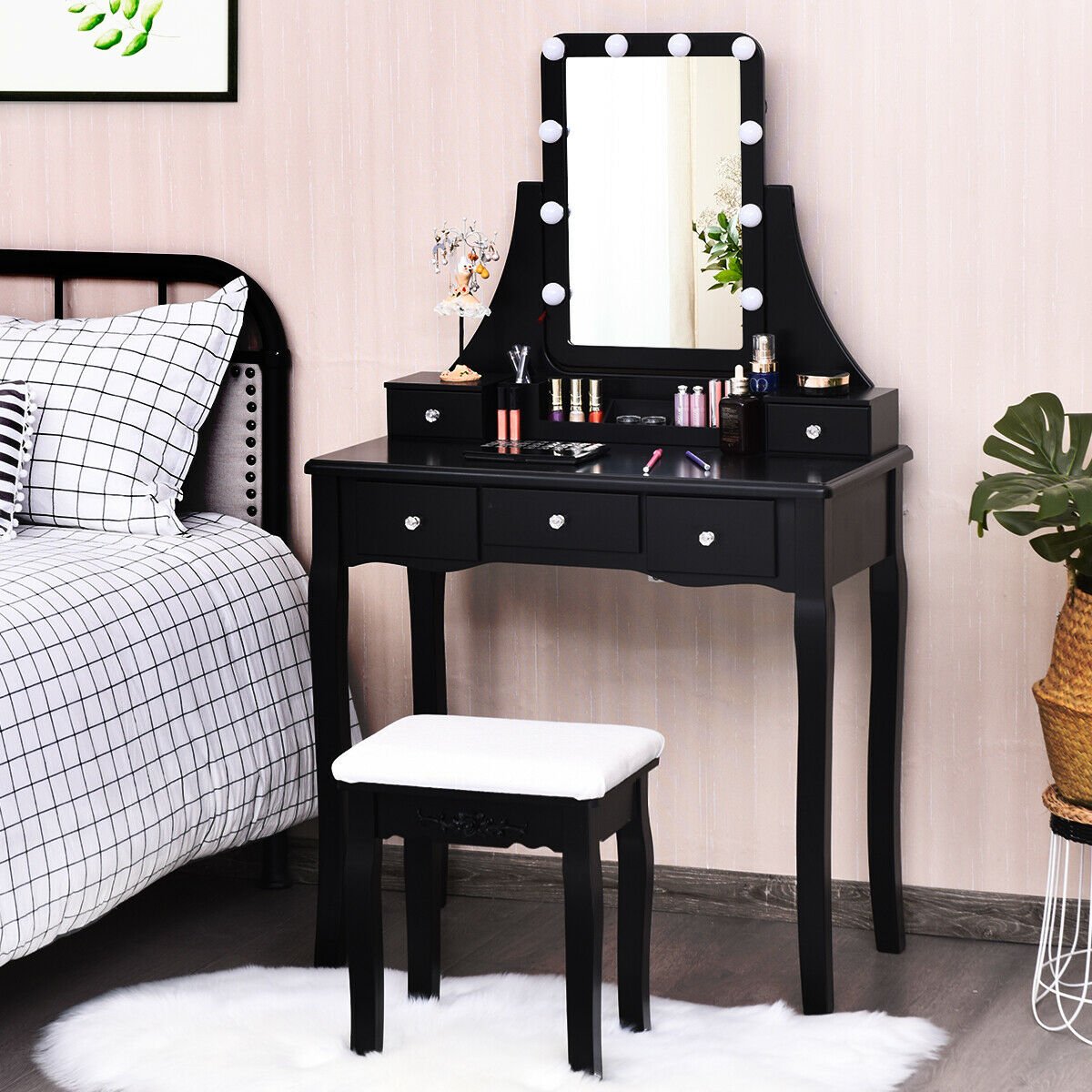 10 Dimmable Light Bulbs Vanity Dressing Table with 2 Dividers and Cushioned Stool, Black Makeup Vanities   at Gallery Canada