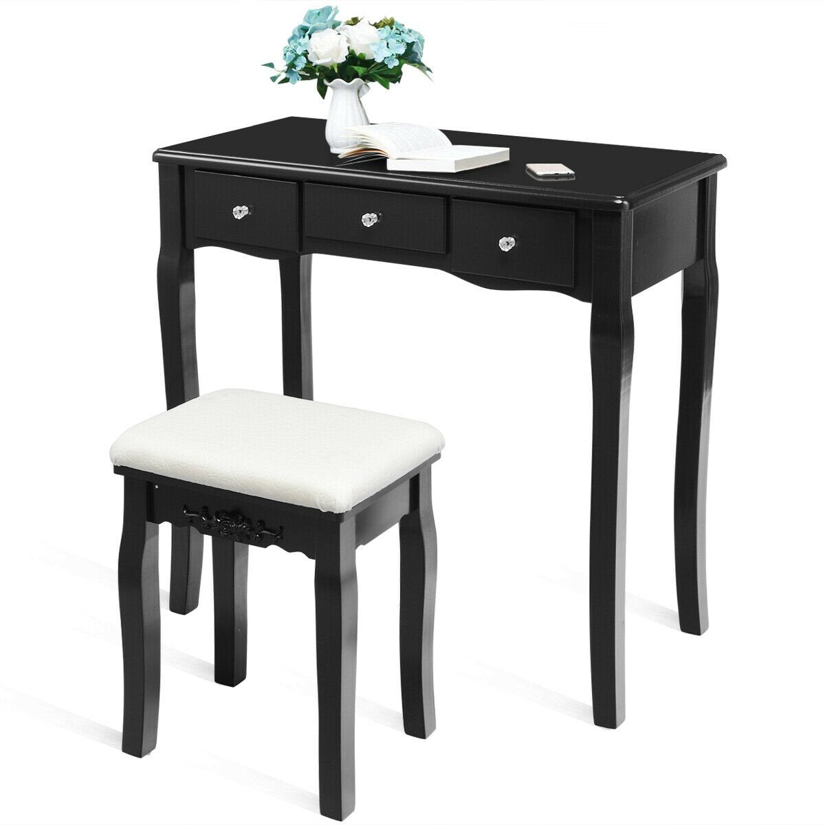 10 Dimmable Light Bulbs Vanity Dressing Table with 2 Dividers and Cushioned Stool, Black Makeup Vanities   at Gallery Canada