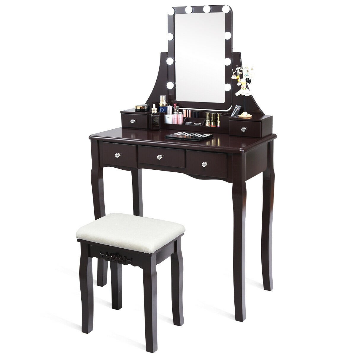 10 Dimmable Light Bulbs Vanity Dressing Table with 2 Dividers and Cushioned Stool, Brown Makeup Vanities   at Gallery Canada