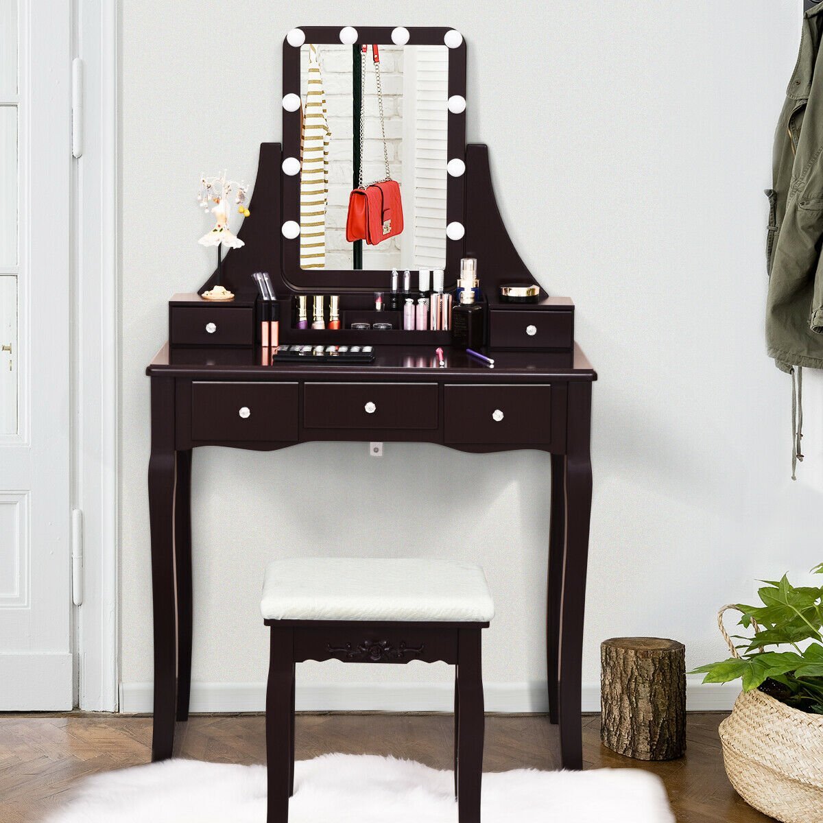 10 Dimmable Light Bulbs Vanity Dressing Table with 2 Dividers and Cushioned Stool, Brown Makeup Vanities   at Gallery Canada