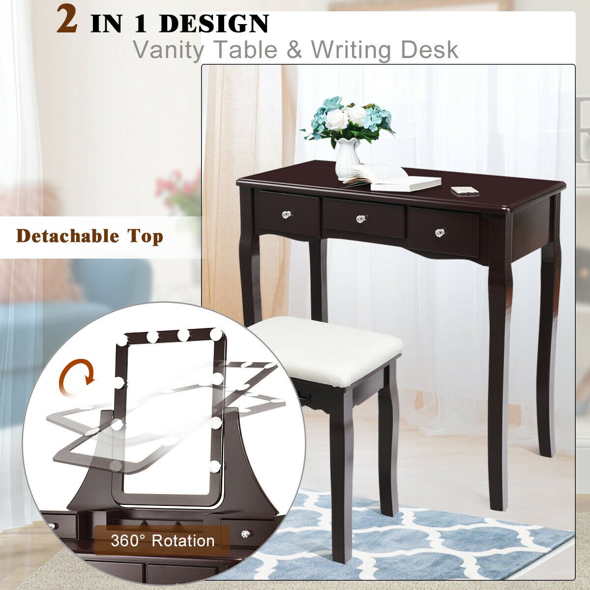 10 Dimmable Light Bulbs Vanity Dressing Table with 2 Dividers and Cushioned Stool, Brown Makeup Vanities   at Gallery Canada