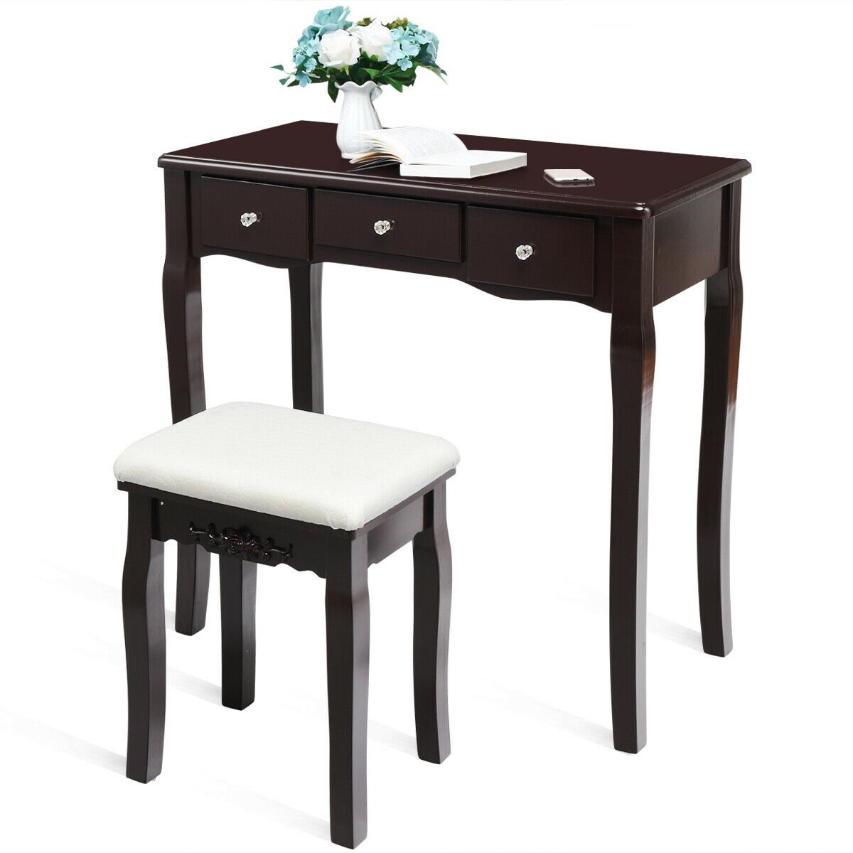 10 Dimmable Light Bulbs Vanity Dressing Table with 2 Dividers and Cushioned Stool, Brown Makeup Vanities   at Gallery Canada