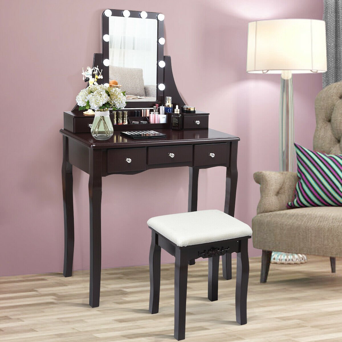 10 Dimmable Light Bulbs Vanity Dressing Table with 2 Dividers and Cushioned Stool, Brown Makeup Vanities   at Gallery Canada