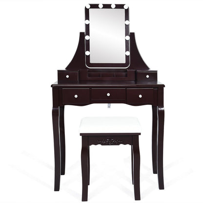 10 Dimmable Light Bulbs Vanity Dressing Table with 2 Dividers and Cushioned Stool, Brown Makeup Vanities   at Gallery Canada