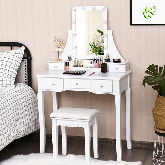10 Dimmable Light Bulbs Vanity Dressing Table with 2 Dividers and Cushioned Stool, White Makeup Vanities   at Gallery Canada